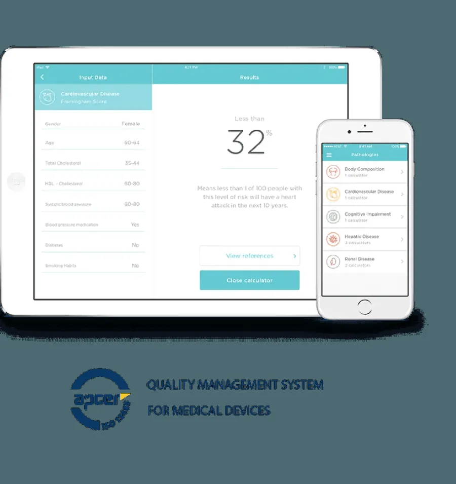 A clinical calculator showing a single large risk figure beside a patient data entry form.