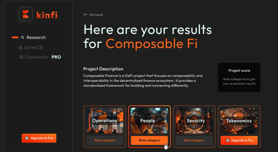 Kinfi research result screen scoring a decentralised finance project across operations, people, security and tokenomics.