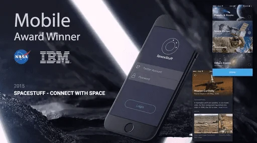 Award graphic for SpaceStuff, winner of the 2015 mobile award at the NASA International Space Apps Challenge with IBM.