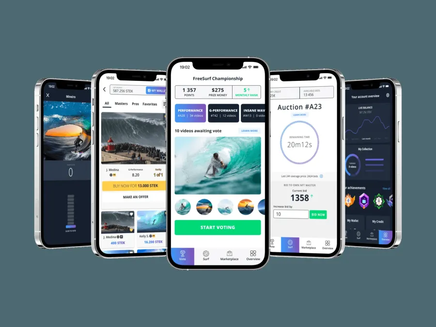 Five phone screens from the Sportek app: a championship leaderboard, a voting feed of surf clips, an auction, and a wallet.