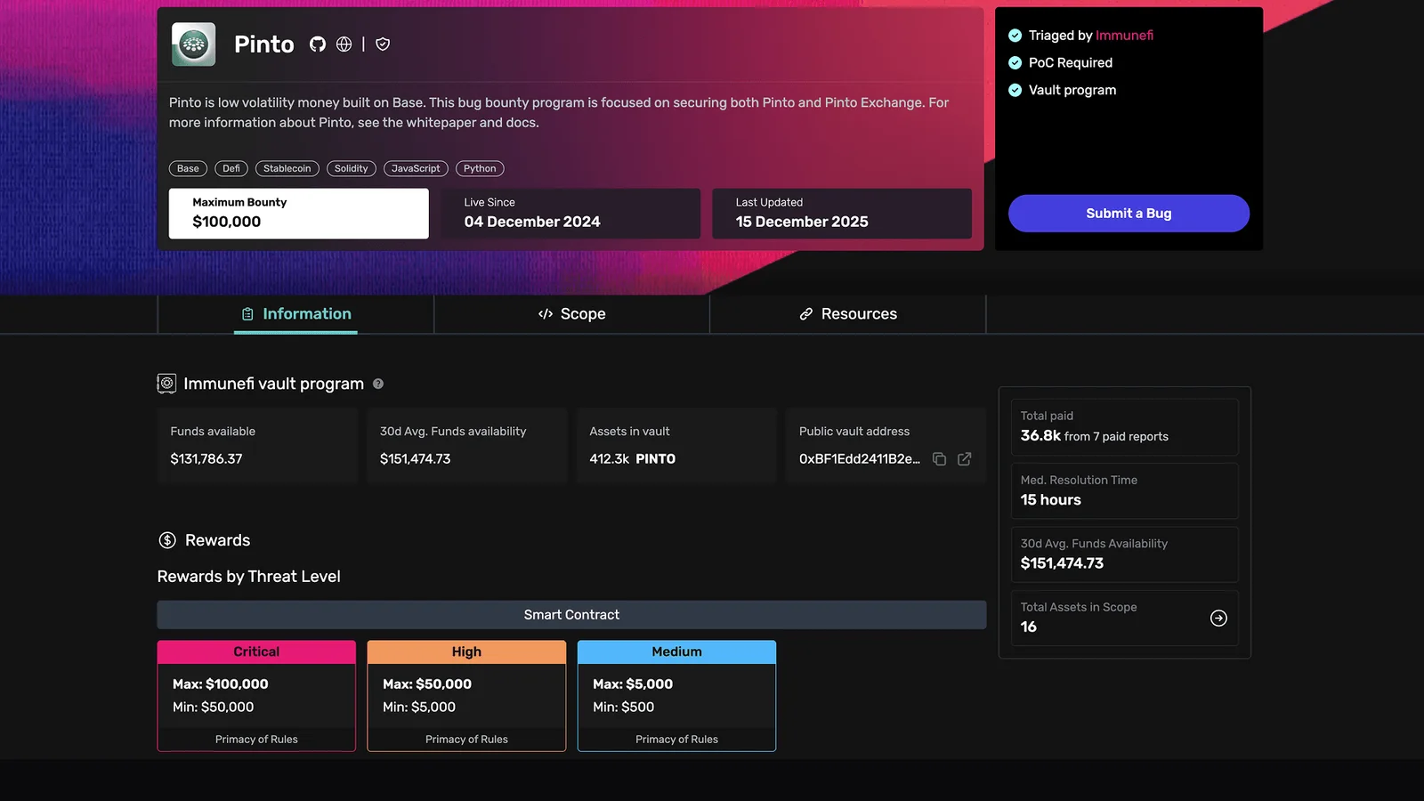 The redesigned programme page: a compact header, an Immunefi vault panel, and a rewards table split by critical, high and medium threat levels.
