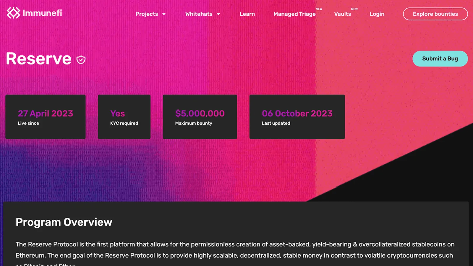 The previous Immunefi programme page: a full-bleed pink gradient header with four separate fact tiles for live date, KYC, maximum bounty and last updated.