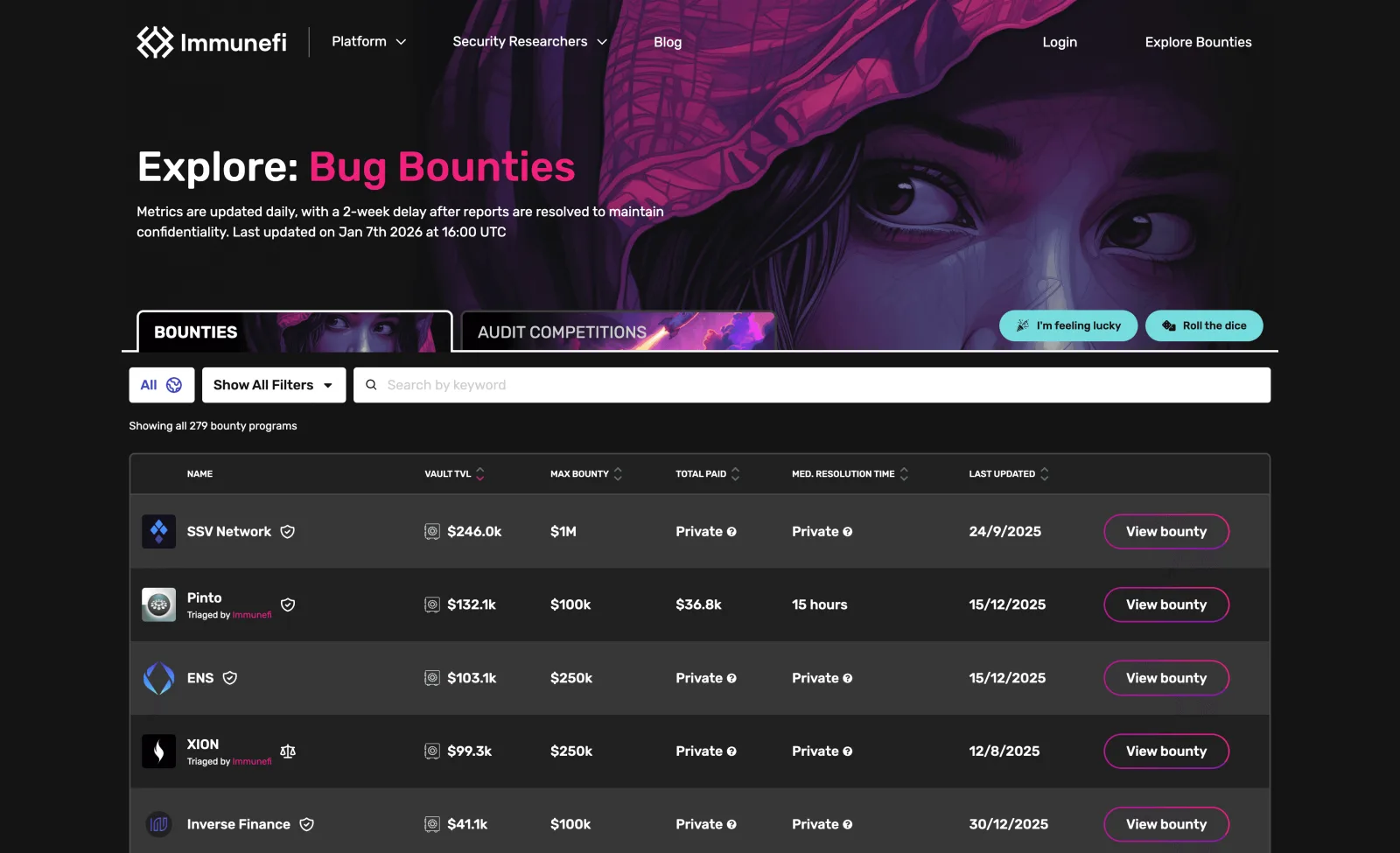 The Immunefi Explore page: a dark sortable table of bug bounty programmes showing vault value, maximum bounty, total paid, median resolution time and last updated.