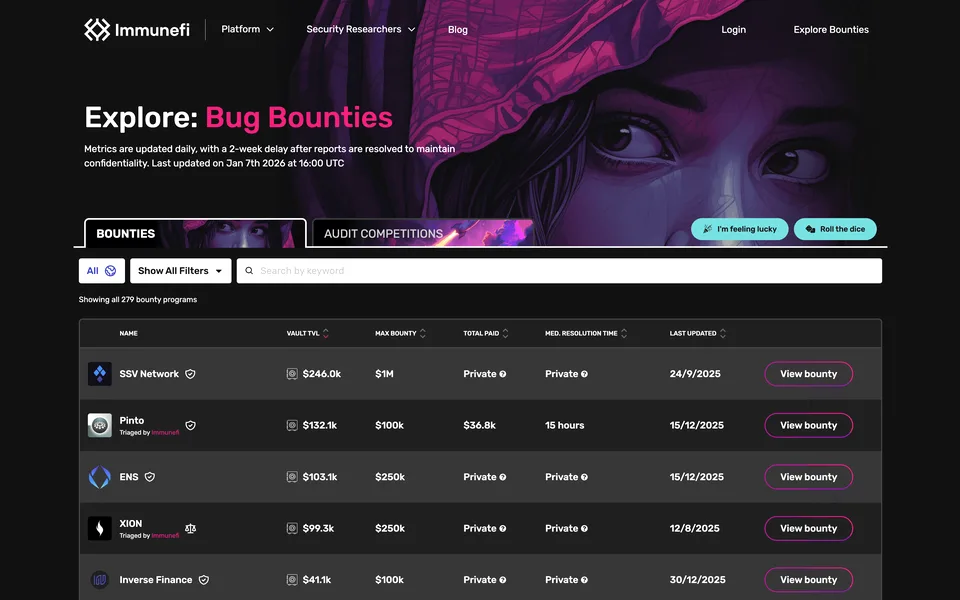 The Immunefi Explore page listing bug bounty programmes.