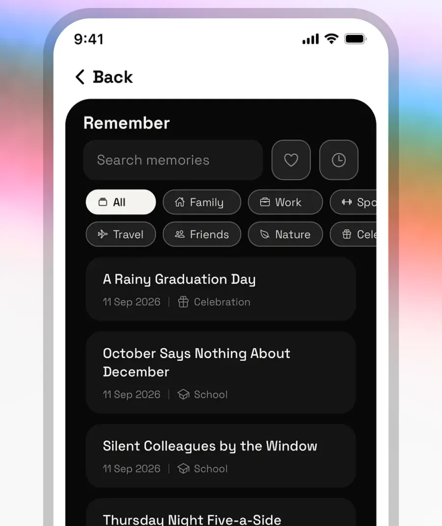 The Rimembo memory library on iPhone, a list of saved memories each with an AI-written title, a date and a category.