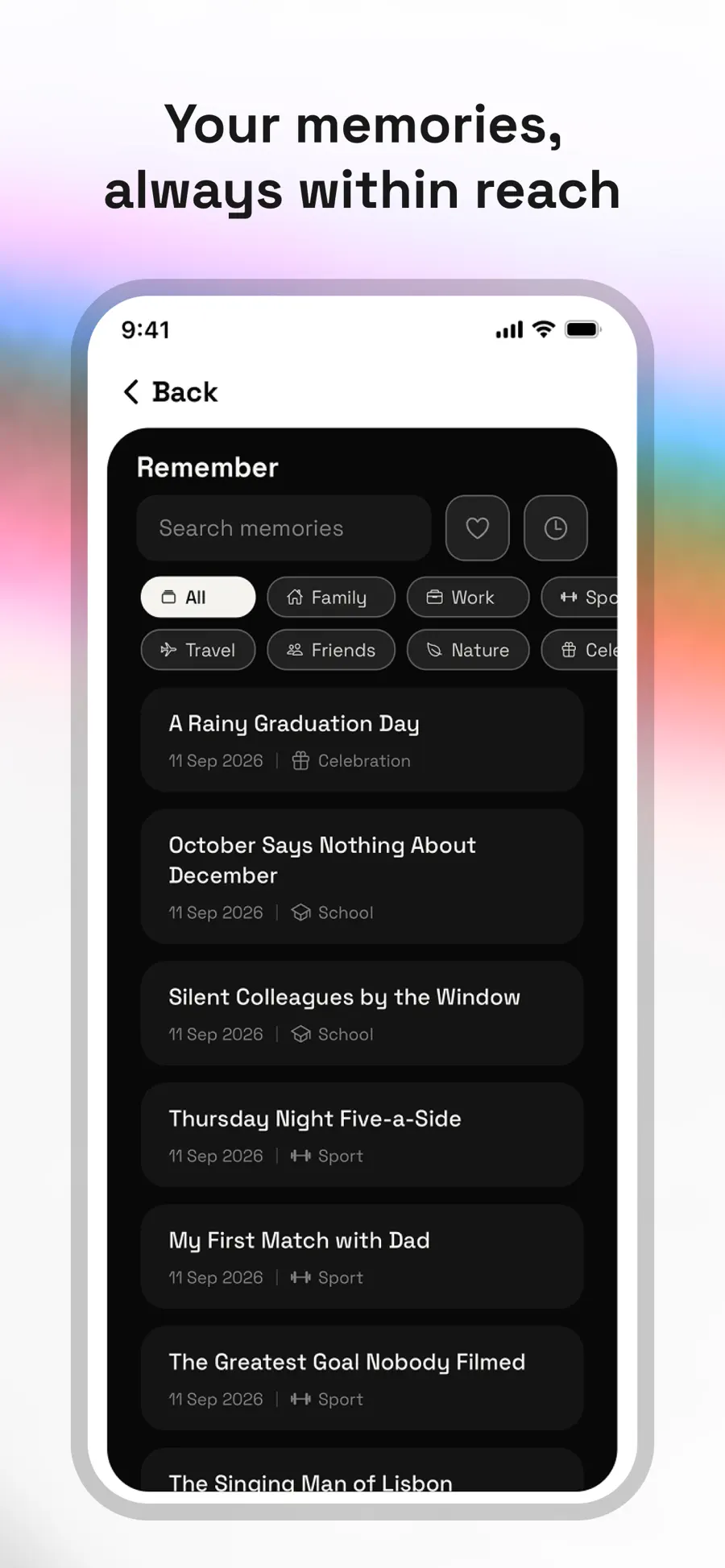 Rimembo memory library on iPhone: a search field, category filter chips for family, work, sport, travel, friends and nature, and a list of saved memories each with an AI-written title, a date and a category.