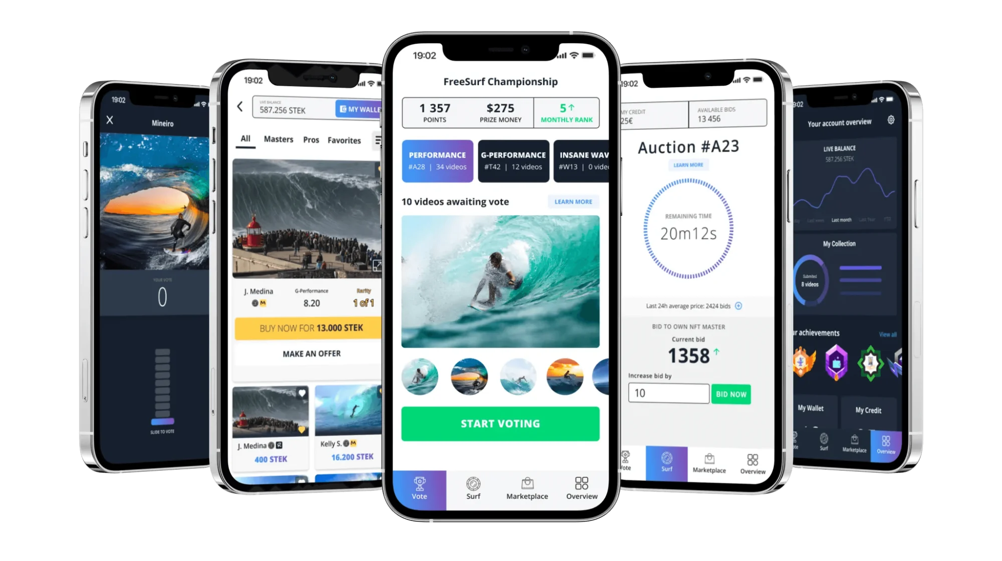Five Sportek screens side by side: a voting slider over a surf clip, a marketplace listing, the FreeSurf Championship home with videos awaiting a vote, a live auction counting down, and an account overview.