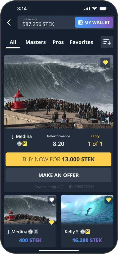 A marketplace listing for a wave by rider J. Medina, scored 8.20 for G-Performance with rarity one of one, priced at 13,000 STEK with buy now and make an offer buttons, over a grid of further listings.