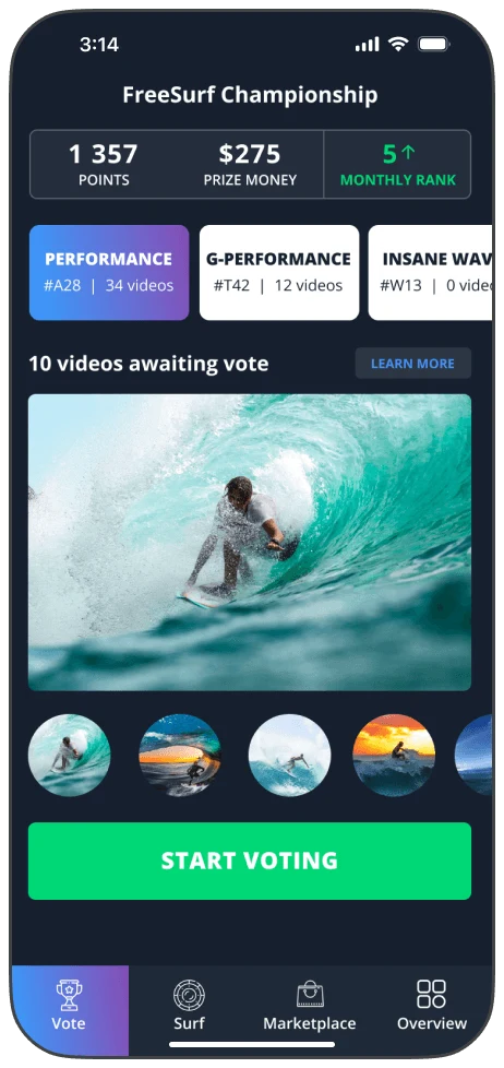 The FreeSurf Championship screen: points, prize money and monthly rank across the top, three category cards, a surf clip with ten videos awaiting vote, and a start voting button.