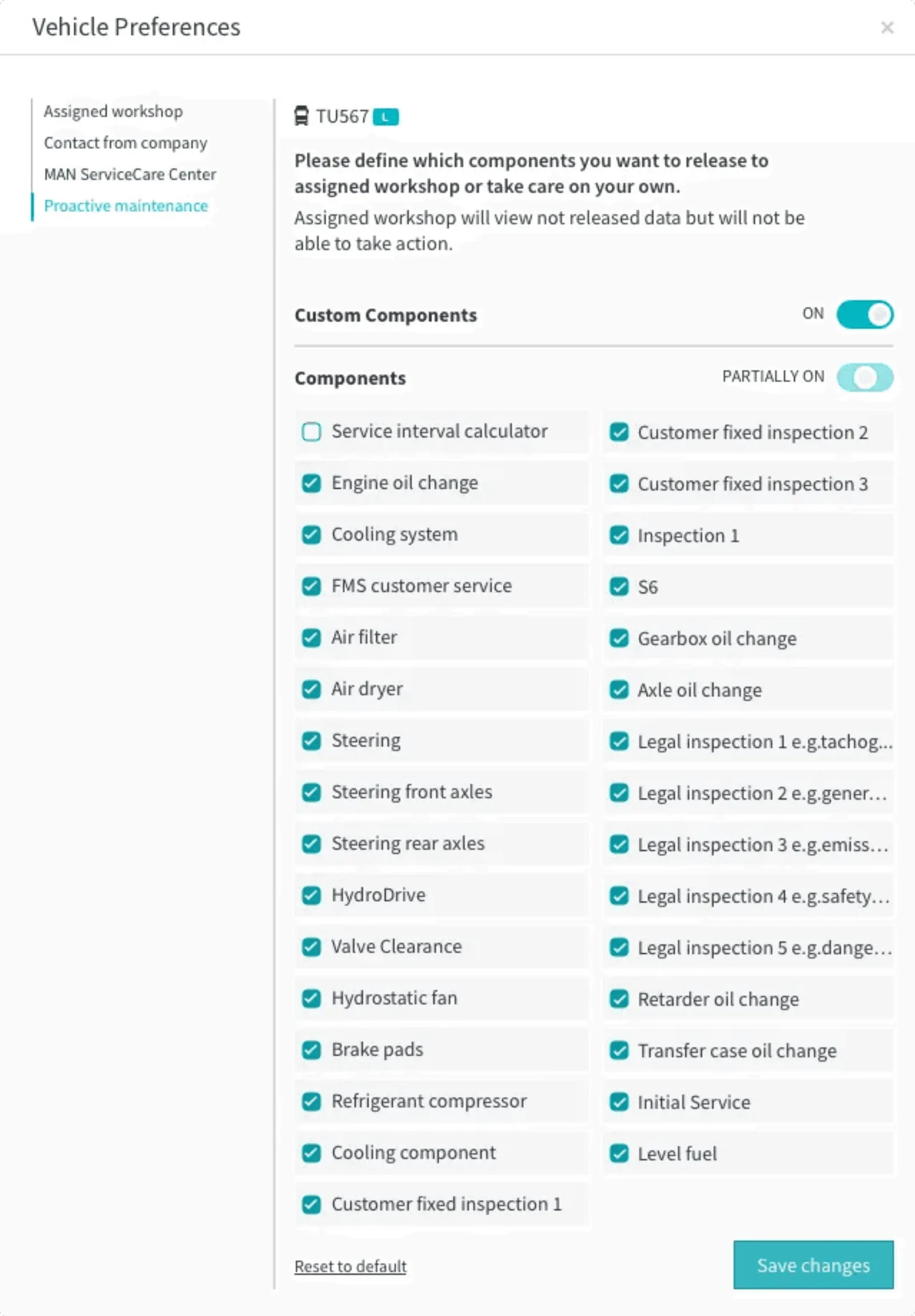 A vehicle preferences screen explaining that the assigned workshop can see unreleased data but cannot act on it, with a custom components toggle and a long checklist of components such as engine oil change, brake pads and legal inspections.